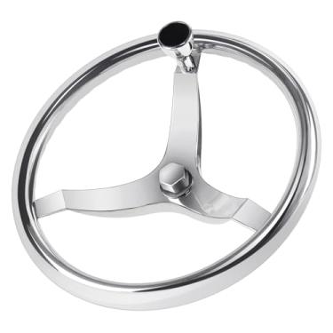 Imagem de QYMOPAY Volante de barco de aço inoxidável de 3 raios, 13-1/2" de diâmetro com porca de 5/8"-18 e 1/2"-20 e botão giratório, volante marítimo para seastar, para verado, para leme de cabo teleflex