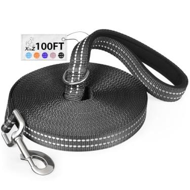 Imagem de Coleira longa de treinamento XiaZ para cães 10/15/20/30/50/30,5 m de comprimento para cães 30,5 m coleira de treinamento para fora preta 30 pés nylon acolchoado alça refletiva pátio de caminhada