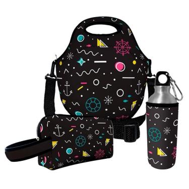 Imagem de Kit Escolar Infantil Lancheira Térmica + Necessaire Plus + Squeeze de Alumínio – ISOPRENE – Abstrato-Unissex