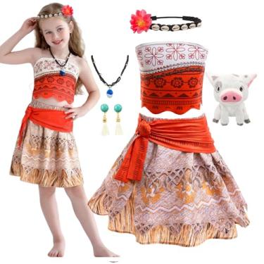 Imagem de BUBBIZOZO Moana Girl Costume Princess Cosplay Party Birthday Dress Holiday Beach Role Play Outfit Necklace Headband (Top+Skirt+Belt with Acc, 3T Tag (110))