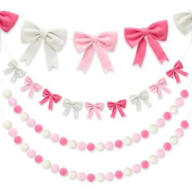 Imagem de FYSUIMU 3 peças, faixa de feltro de laço, 3D, fofo, guirlanda pendurada, rosa, branco, pompom, bandeira, para aniversário, chá de panela, despedida de solteira, decoração de parede