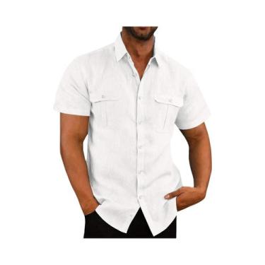 Imagem de Camisas Masculinas Plus Size de Algodão e Linho - Manga Curta, Gola Al