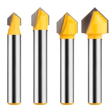 Imagem de UTRUSTTO Conjunto De Brocas De Roteador Com Ranhura Em V De 90 Graus, Haste De 1/4", Cortador De Brocas De Ranhura Em V Para Gravação Em Cnc Para Entalhe Em Madeira, Diâmetro De Corte: 1/4, 5/16, 3