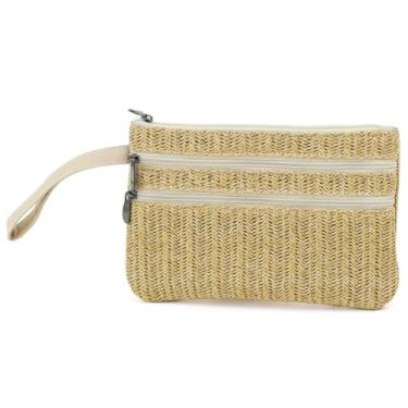 Imagem de BBORGDC Bolsa clutch com zíper com alça destacável, pequena bolsa transversal de tecido e bolsa de pulso, bolsa de palha trançada compacta para itens essenciais do dia a dia, férias na praia e