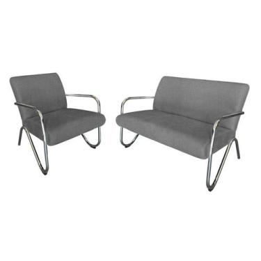 Imagem de Kit Namoradeira +  Poltrona Decorativa Bela Linho Cinza Braço Cromado 