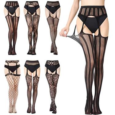 Imagem de GPUSFAK 6 Pairs Women's Sexy Tights Fishnet Stockings Tights Elastic Fishnet High Waist Stockings(A-Black)