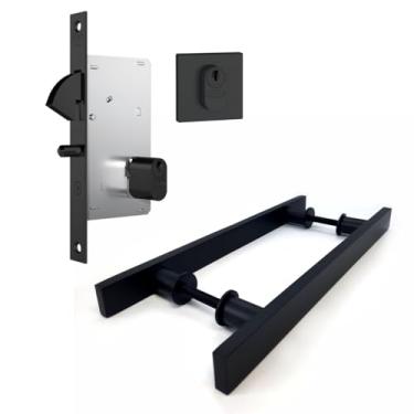 Imagem de Kit Puxador Porta Correr Madeira 1 Metro Preto Fosco Duplo Alumínio + Fechadura Bico Papagaio Stam Roseta Quadrada