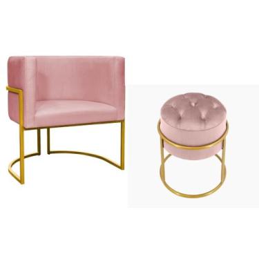 Imagem de Kit Poltrona Decorativa Luxo Base de Metal Dourada e Puff Capitone Sue