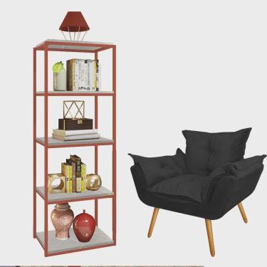 Imagem de Kit Poltrona Fatte com Estante Livreiro Ferro Bronze mdf Marmorizado Cinza Suede Preto - Ahazzo Móveis