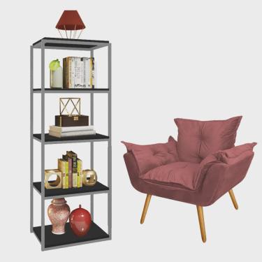 Imagem de Kit Poltrona Fatte com Estante Livreiro Ferro Cinza mdf Preto Suede Rose Gold - Ahazzo Móveis