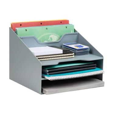 Imagem de Mind Reader Organizador de mesa, suporte de arquivo vertical, bandejas de papel, escritório, plástico, 32 cm C x 29,8 cm L x 24 cm A, cinza