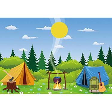 Imagem de CSFOTO 2,1 x 1,5 m, cenário de acampamento, tema de acampamento, bolsa de caminhada selvagem, campo de guitarra, treinamento de sobrevivência, tenda, fogueira, floresta e sol, fundo para fotografia