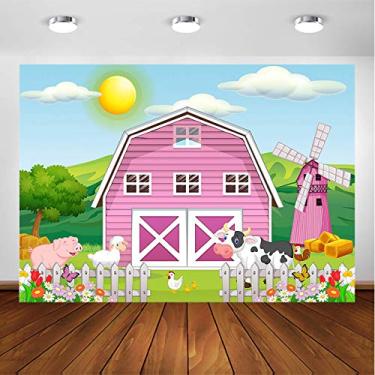 Imagem de Avezano Pano de fundo de animais de fazenda para decoração de festa Gils desenho animado rosa fazenda, crianças, aniversário, chá de bebê, festas de estande (2,4 x 1,8 m)