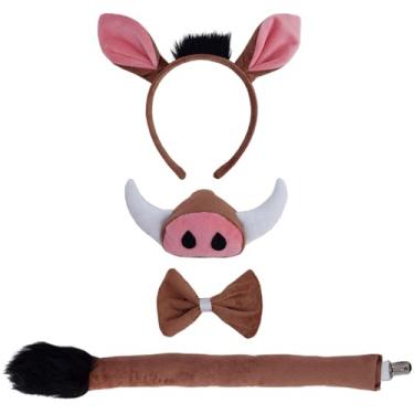 Imagem de YAXAMING Faixa de cabeça de orelhas de Warthog para o dia das bruxas, laço de nariz, cauda de porco, arcos, gravata borboleta de animal, faixa de cabelo feminina, Natal, festival, desfile, cosplay