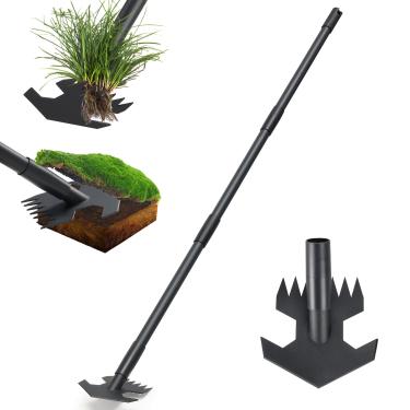 Imagem de Ferramenta de jardim, 2 em 1 Enxada afiada para jardim com ponta em forma de flecha, cabo longo de 114 cm, ancinho manual e enxada de ação para ferramenta de remoção de ervas daninhas de jardinagem