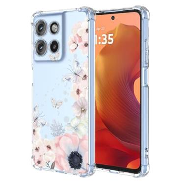 Imagem de RRXSYXL Capa para Moto G15, Moto G15 Power com estampa floral transparente, capa macia à prova de choque, borboletas de flores rosa, G15