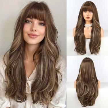 Imagem de HAIRCUBE Peruca Longa Marrom Com Mechas Loiras E Franja, Em Camadas, Cacheada, Para Mulheres, Perucas Sintéticas Naturais Para Uso Diário (Pelucas De Cabelo Natural)