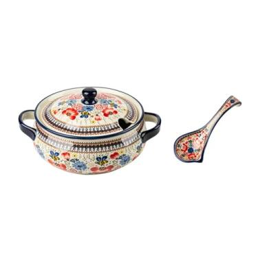 Imagem de Conjunto de tigela e prato de açafrão de mel para uso doméstico, conjunto de utensílios de mesa de cerâmica - panela de sopa de 2L (com colher grande)