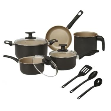 Imagem de Conjunto Jogo de Panelas Antiaderente com Frigideira e Utensílios 8 Peças (Preto e Bege)