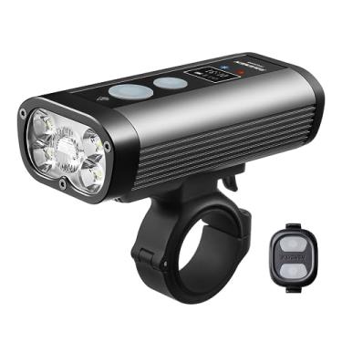 Imagem de RAVEMEN PR2400 Luz de bicicleta para mountain bike, farol de bicicleta de 2400 lúmens com tela OLED de tempo de execução, saída USB, farol alto de longo alcance, farol baixo antirreflexo, impermeável