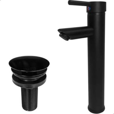Imagem de Torneira Preto Fosco Bica Alta Pia Banheiro E Valvula Click  Inox Kit 