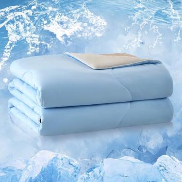 Imagem de BOLINLIVING Cobertor refrescante, tecido de tecnologia fria de camada dupla Q-max 0,4, edredom refrescante tamanho queen para pessoas que dormem quentes, suor noturno, edredom leve de verão, azul 224