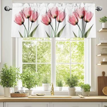 Imagem de Cortina de janela para janela, tulipa rosa de verão, bolso de varão, saia curta para cozinha, quarto, sala de estar, café, 1 painel 137 x 45 cm, aquarela floral