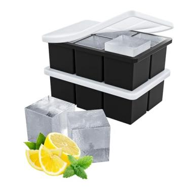 Imagem de Bandeja quadrada grande de silicone para freezer, molde de cubo de gelo grande à moda antiga de 6 cavidades para uísque, moldes de cubos de gelo artesanais com tampa para bebidas geladas, coquetéis,