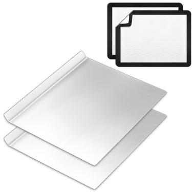 Imagem de Ziliny Conjunto de 2 peças de assadeiras de alumínio com 2 peças de silicone para assadeira de 40,6 x 33 cm grandes com 40,6 cm x 30,5 cm tapetes retangulares reutilizáveis para fazer biscoitos, pão