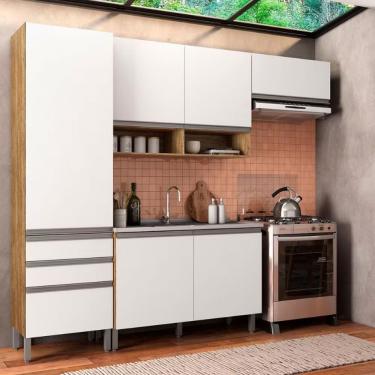 Imagem de Cozinha Compacta Bartira Jaspe Com 4 Portas 3 Gavetas Damasco Com Branco