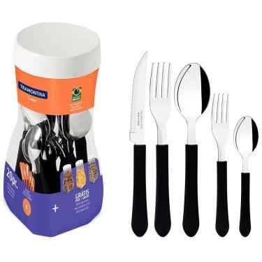 Imagem de Faqueiro 20 Peças Tramontina Leme Em Aço Inox E Polipropileno Com Pote Multiuso Preto