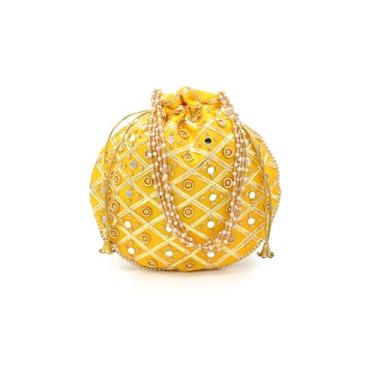 Imagem de IGH Bolsa feminina bordada feita à mão com espelho com alça de pérolas, bolsa étnica para noivas, 1 peça, amarela