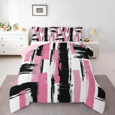 Imagem de Feelyou Conjunto de edredom geométrico rosa e preto para crianças, meninos, meninas, arte abstrata, moderna, tamanho queen, listrado, geométrico, conjunto de cama macio, leve, 3 peças