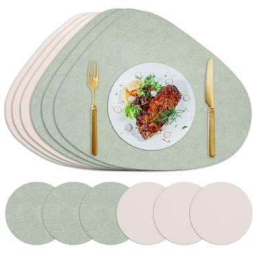 Imagem de Lussenwert Jogo americano de couro sintético, conjunto de 6 jogos americanos à prova d'água, frente e verso, resistentes ao calor, limpáveis, com porta-copos, tapetes de mesa de jantar antiderrapantes