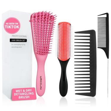 Imagem de UREELIN Conjunto de escovas desembaraçadoras ultra macias de 4 peças – Inclui escovas desembaraçadoras de 8 e 9 fileiras, pente de dentes largos, pente de cauda de rato, 4 grampos de cabelo molhados