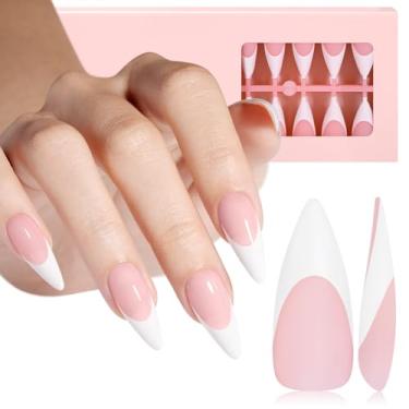 Imagem de AILLSA Pregos de ponta francesa, 180 peças de pontas de unhas de gel francês de amêndoa longa, primer pré-aplicado e camada de base, sem necessidade de lixa, pontas francesas para arte de unhas faça