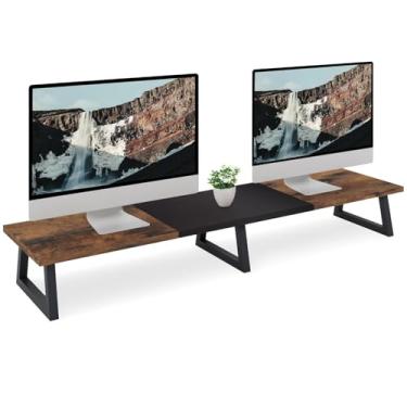 Imagem de TEAMIX Elevador grande de monitor duplo de 107 cm, suporte extra longo para monitor de TV, suporte para 2 monitores de madeira e aço, organização de mesa e escritório doméstico