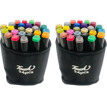 Imagem de Canetinhas Caneta 24 Cores Estojo Bolsa Kit 2 Uni Ponta Dupla Estudos Desenhos Artes Escola Trabalho Design Moda