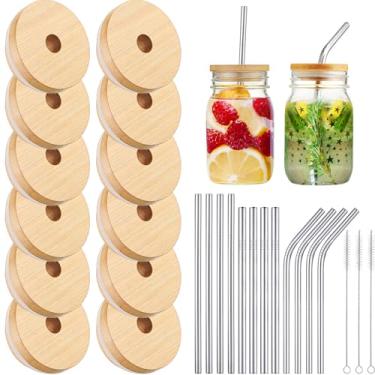 Imagem de 12 pacotes de tampas de frasco de bambu de 70 mm com tampa de pote de bambu reutilizável para frasco de boca larga com 12 peças de canudo de aço inoxidável reutilizável, 3 pincéis de canudo