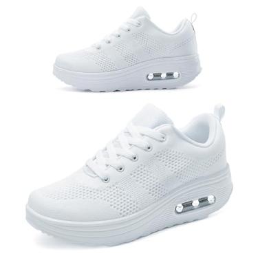 Imagem de RUIDENG Tênis de plataforma feminino com almofada de ar | Sapatos de caminhada femininos confortáveis o dia todo | Parte inferior grossa, Branco, 35