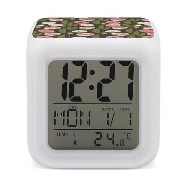 Imagem de RTFGHJS Despertador verde oliva flores coloridas despertador pequeno visor LED despertador digital relógio compacto relógio eletrônico para quartos cabeceira mesa prateleira tamanho único