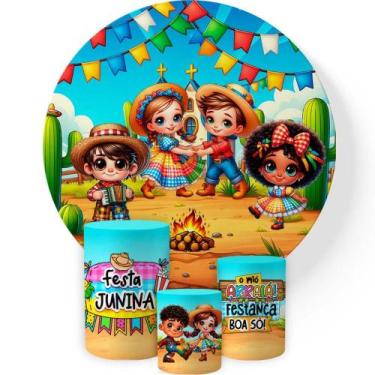 Imagem de Capa Cilindro Veste Fácil + Painel Redondo de Festa Junina Tecido Subl