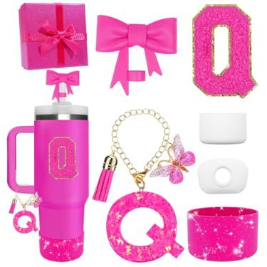 Imagem de Miglaja Acessórios pretos para copos Stanley 850.5 g 1,134.0 g, todos os acessórios caixa de presente contêm topo de palha de flor, bota de silicone, adesivos de letras e pingentes, conjunto de tampa