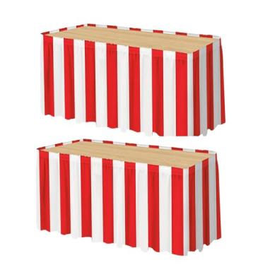 Imagem de 2 peças de saia de mesa listrada vermelha e branca com tema de carnaval para decoração de carnaval de circo, suprimentos de festa, 400 x 76 cm