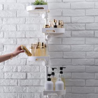 Imagem de shuang qing Organizador de poste de tensão para chuveiro de canto de 4 níveis – poste de tensão de metal ajustável à prova de ferrugem, prateleiras de plástico com grade de segurança, armazenamento de