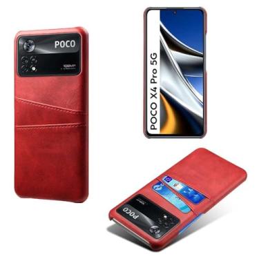 Imagem de Capas Compatível com Xiaomi POCO X4 PRO,Caso de couro PU-Tampa de telefone a prova de choque com 2 slots de cartão,Proteção anti-impressão digital e anti-gota-Red