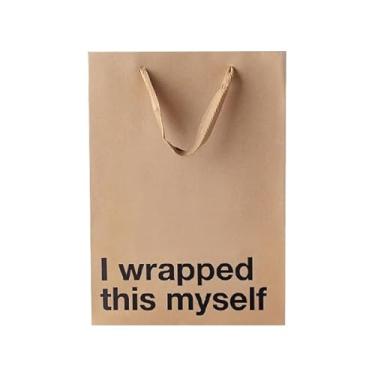 Imagem de Saco de presente engraçado 28 x 20 x 10 cm – Saco de papel Kraft marrom com impressão I Wrapped this myself – Embalagem de presente para aniversários, feriados, festas de escritório – embrulho de