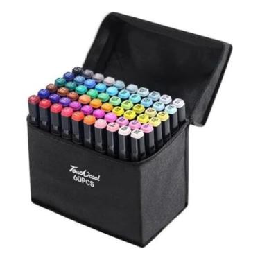 Imagem de Conjunto de Canetas Marcador Permanente Canetinhas para Colorir Touch com Ponta Dupla para Desenhos Profissional e Escolar com Duas Pontas Hidrográficas com Estojo 60 Cores