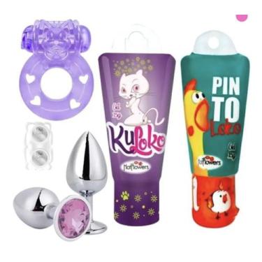 Imagem de Kit Sex Shop Casal Anel Peniano Plug Anal de Aço Inoxidável 2 Géis Lub