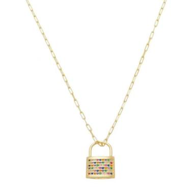 Imagem de Colar feminino layla cadeado zircônias coloridas folheado a ouro 18k -